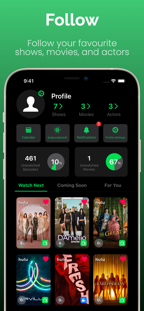 Originals for Hulu - Pantalla de perfil de la aplicación Originals for Hulu que muestra episodios no vistos y el seguimiento del progreso de la serie