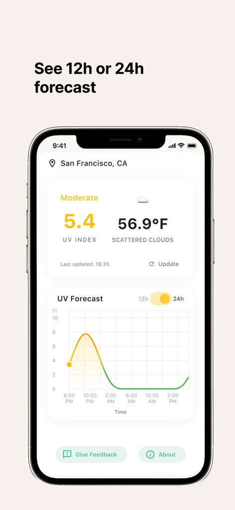 UV index now: Simple and fast - iPhone screen showing a minimalist UV index app with a 24 hour forecast graph and moderate UV rating for San Francisco