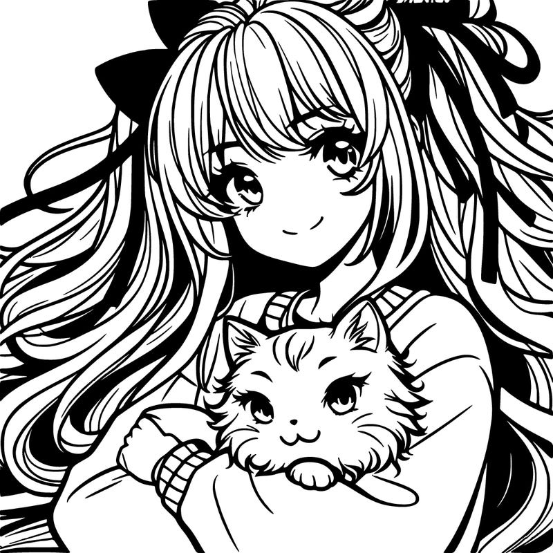 manga girl with a cat in her hair