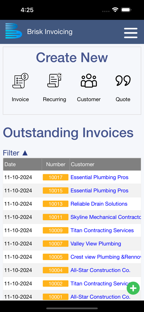 Brisk Invoicing - Dashboard of Brisk Invoicing app featuring tools to create invoices and track outstanding payments