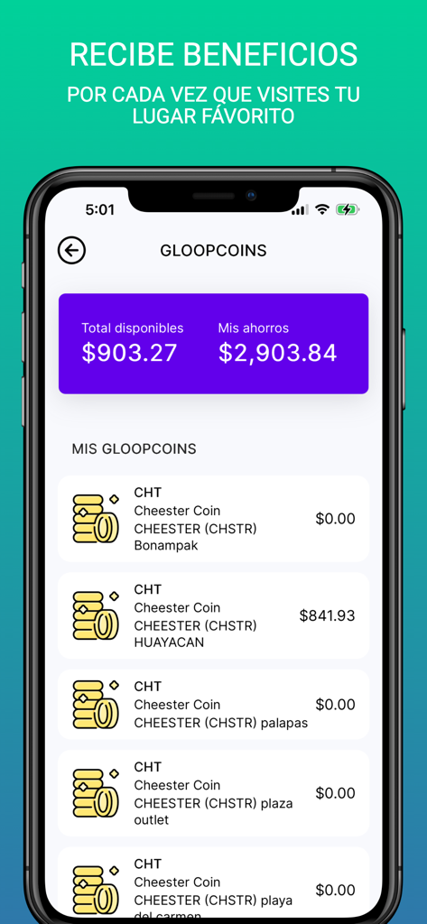 Glooping - Glooping mobile app screen displaying user Gloopcoins balance and loyalty reward history.