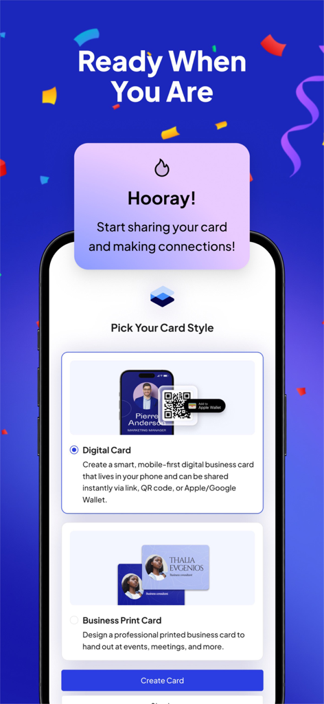 Fluer: Digital Business Card - Schermata che mostra le opzioni per scegliere tra un biglietto da visita digitale o un biglietto da visita stampato all'interno dell'app Fluer