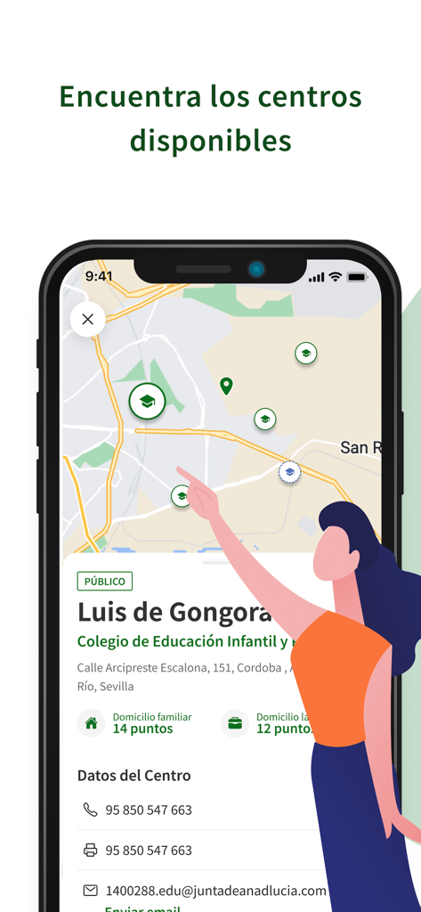 iEscolariza - Interfaz de la app iEscolariza mostrando un mapa de colegios disponibles e información de contacto de los colegios