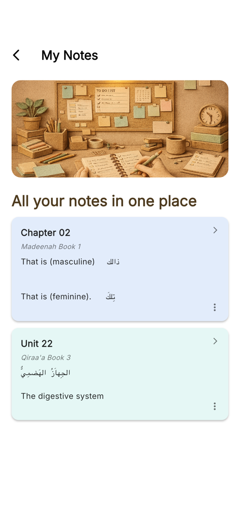 Madeenah Books - User interface of the Madeenah Books app showing organized Arabic vocabulary notes and translations