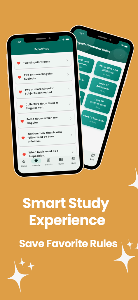 100 English Grammar Rules - Dos teléfonos inteligentes que muestran la pantalla de Favoritos y las categorías de gramática dentro de la aplicación 100 Reglas de Gramática Inglesa.