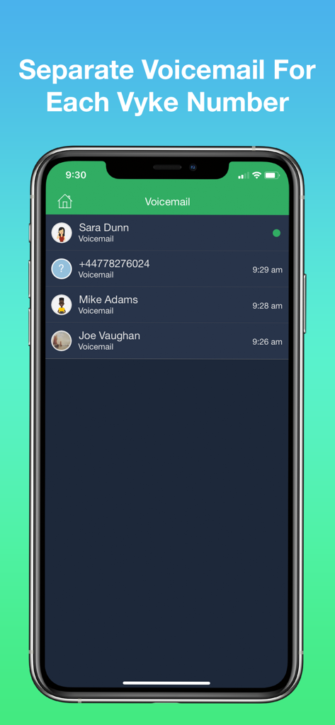 Vyke: Second Phone Number - Vyke app interface showing separate voicemail lists for multiple virtual phone numbers