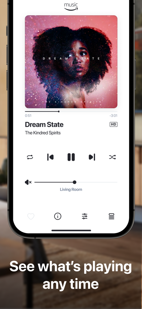 HEOS App-Oberfläche, die den Bildschirm „Aktuell läuft“ mit Musiksteuerung und Albumcover anzeigt