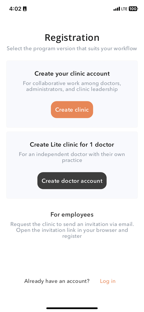 Registrierungsbildschirm der Ai-Clinic-App mit Optionen zur Erstellung eines Klinik- oder Einzelarztkontos.
