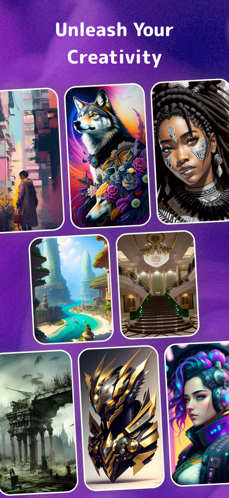 A collage of diverse AI generated artworks featuring portraits, landscapes, and animals with the heading Unleash Your Creativity.