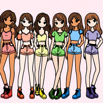 a group of girls wearing crop tops and shorts