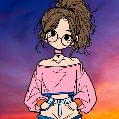 girl with a messy ponytail glasses a baggy crop top and jean shorts