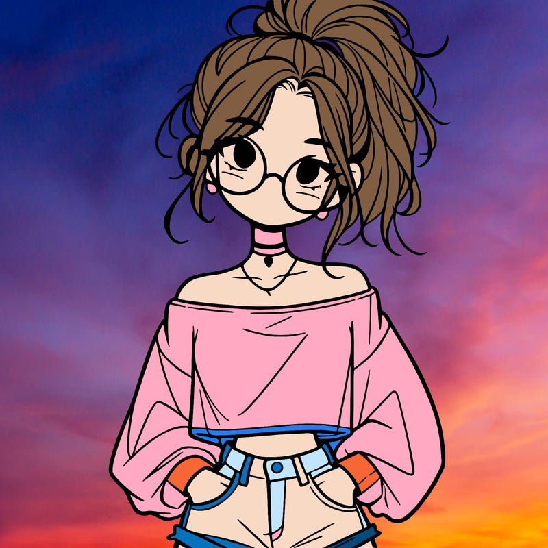 girl with a messy ponytail glasses a baggy crop top and jean shorts