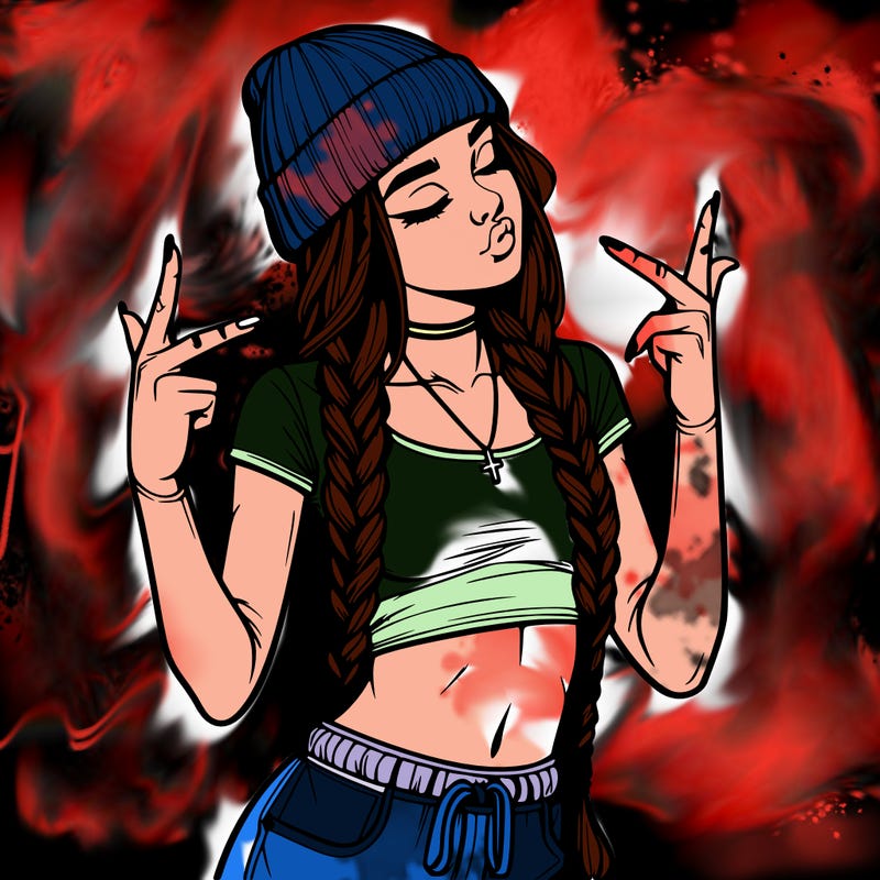 realistic teenage girl with braids and a beanie and crop top doing 🫶🏼