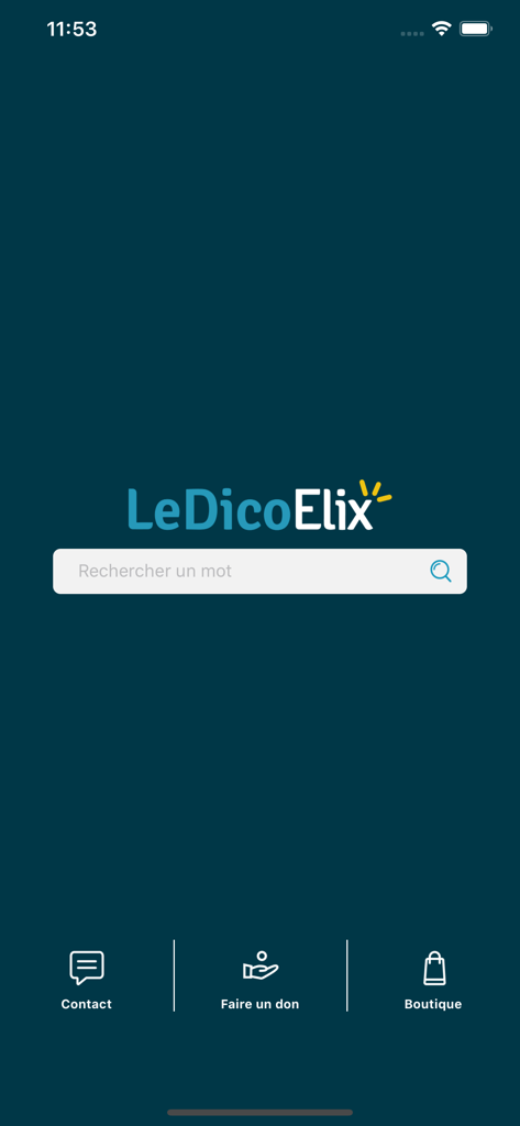 Elix - Écran d'accueil de l'application Elix avec une barre de recherche pour les définitions en français et en langue des signes française.