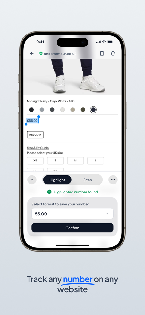 Price Tracker: AnyTracker - AnyTracker mobile app interface showing how to highlight and track a price on an e-commerce website.