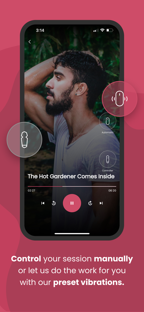 Vibes Only - Vibes Only app interface showing an erotic audio player with options for manual or automatic vibration presets.