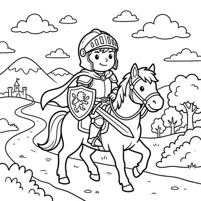 Join a valiant knight errant on an exciting quest with this delightful coloring page, specially designed for children aged 4-8. Featuring a friendly knight on horseback and a charming medieval landscape, it's perfect for sparking young imaginations.