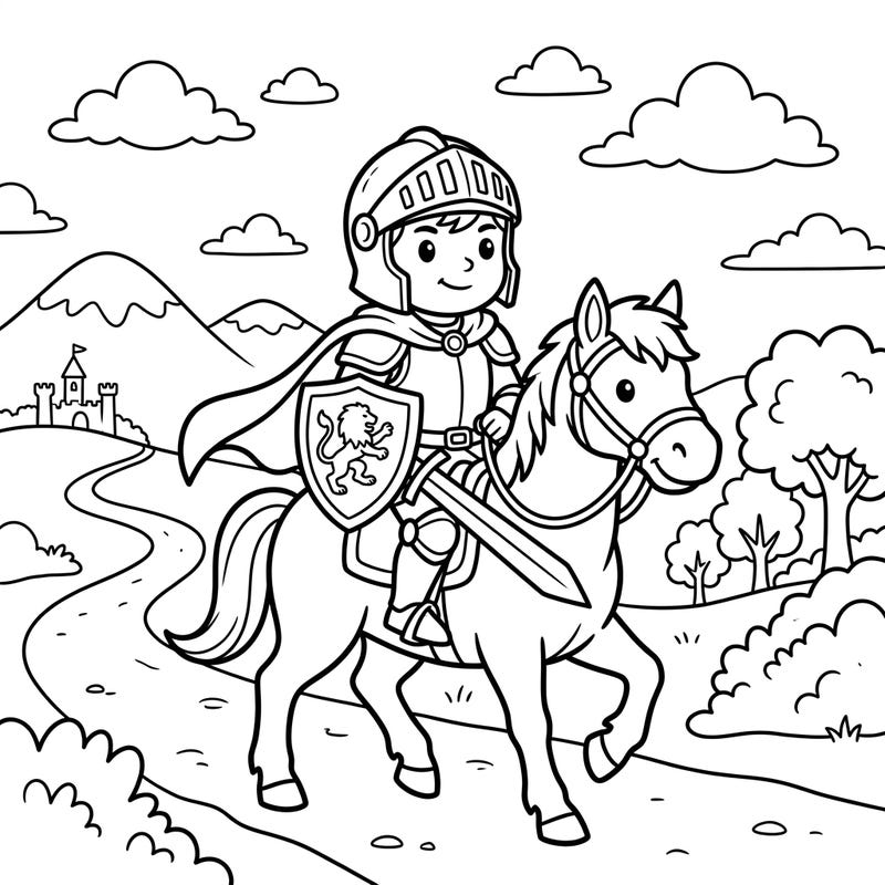 Join a valiant knight errant on an exciting quest with this delightful coloring page, specially designed for children aged 4-8. Featuring a friendly knight on horseback and a charming medieval landscape, it's perfect for sparking young imaginations.