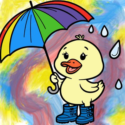 a duck with rain boots and an umbrella