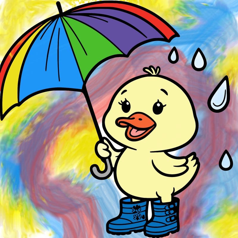a duck with rain boots and an umbrella