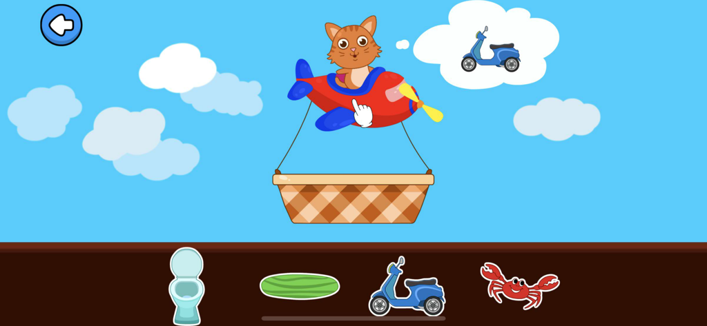 AutiSpark Autism Games: School - Educational matching game screen showing a cartoon cat in an airplane thinking of a blue scooter with choice icons below