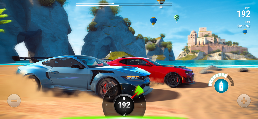 Race Max Pro - Car Racing Game - Coches deportivos azul y rojo compitiendo en una pista costera arenosa con un castillo y globos aerostáticos de fondo.