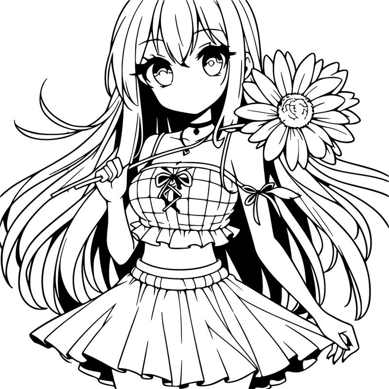 anime girl holding a flower wearing a skirt and crop top