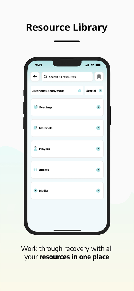 OpenRecovery - OpenRecovery app resource library screen showing categories for readings materials prayers and quotes