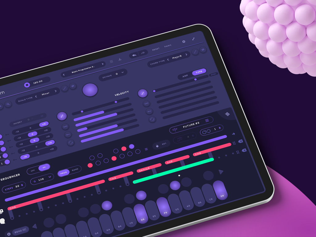 iPad上のChordjam MIDIコードジェネレーターおよびシーケンサーインターフェース