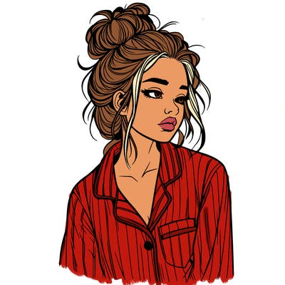 realistic woman with pajamas on and a messy bun