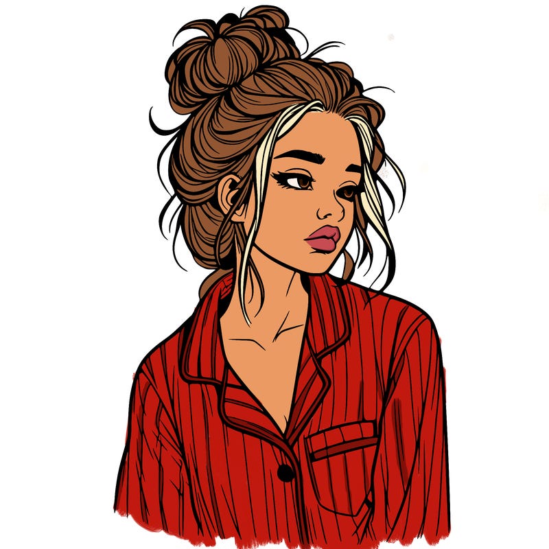 realistic woman with pajamas on and a messy bun