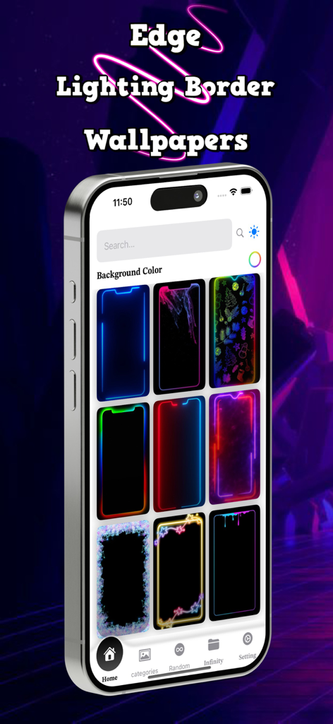 EDGE Lighting Borderlight - iPhone screen displaying a gallery of various neon glowing edge lighting border designs for wallpapers
