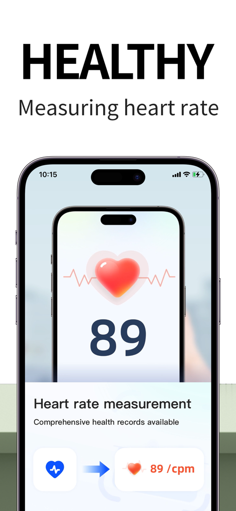 Smartphone screen showing the heart rate measurement tool within the Scanner Pro app displaying a pulse reading.