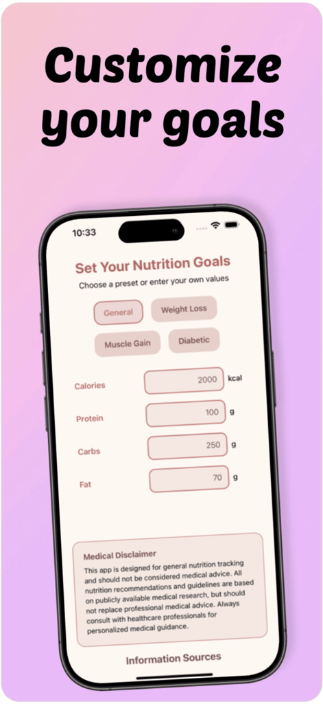 Calories AI: MacroMagic - Interface of Calories AI app showing nutrition goal settings for calories and macros including presets for weight loss and muscle gain