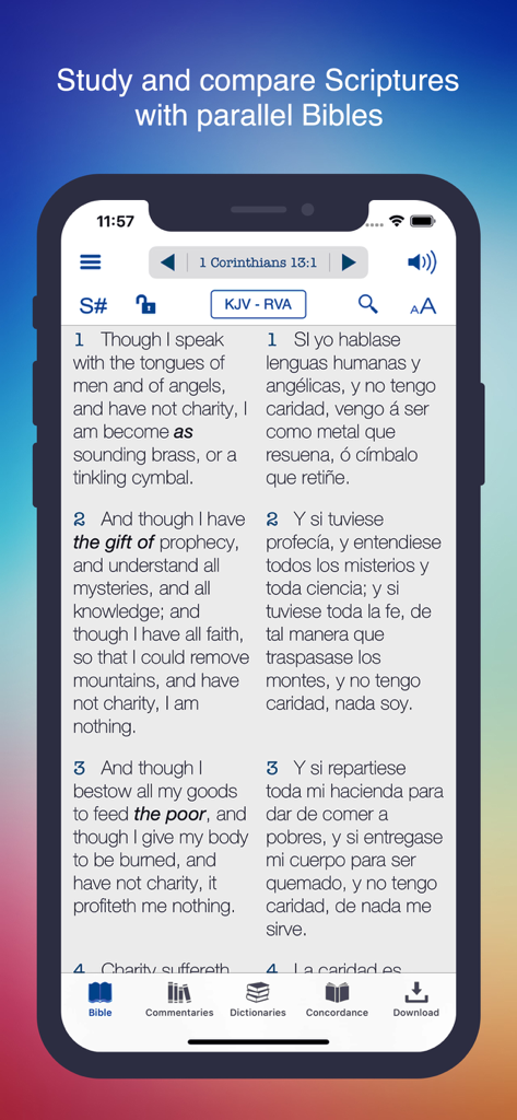 Bible KJV Strong's Concordance - Smartphone screen displaying parallel English and Spanish Bible translations for comparison and study.
