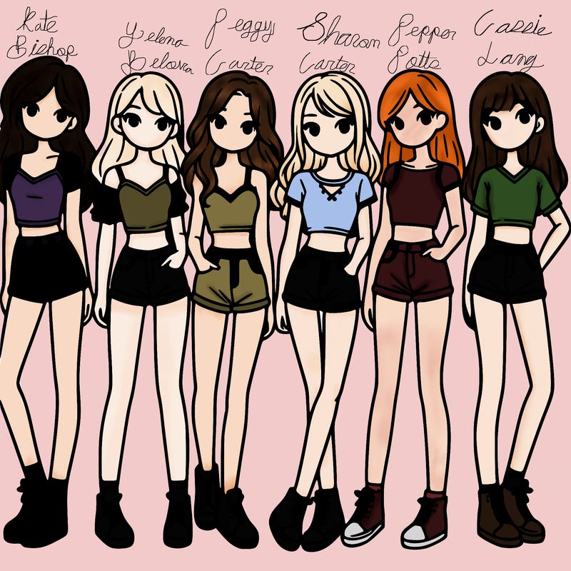 a group of girls wearing crop tops and shorts