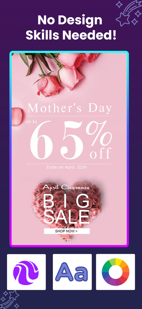 Flyer Maker - Poster Creator - ピンクのバラとデザイン編集アイコンを備えた母の日プロモーションフライヤーを表示するモバイルアプリインターフェース