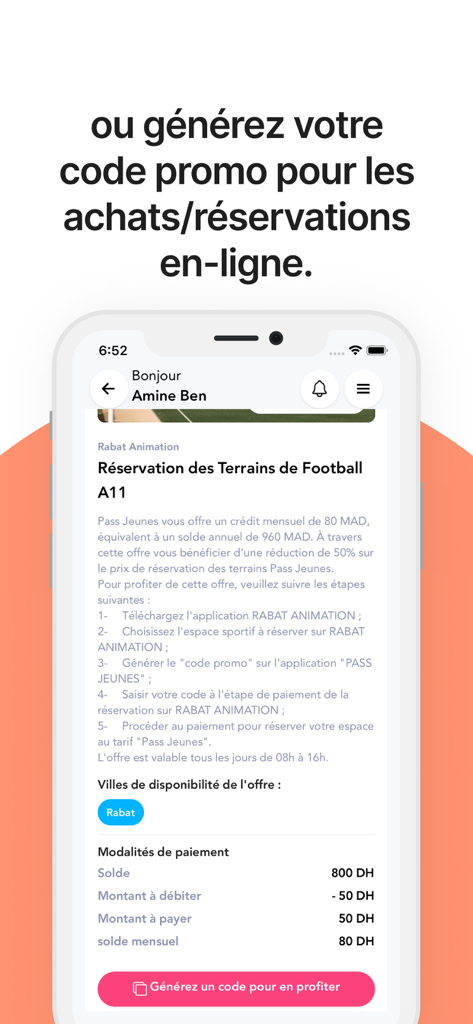 Pass Jeunes - Pass Jeunes app interface for generating promo codes for online reservations