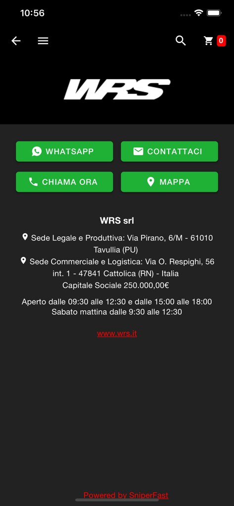 Contact information and office locations for WRS Italy motorcycle accessories including phone and WhatsApp options.