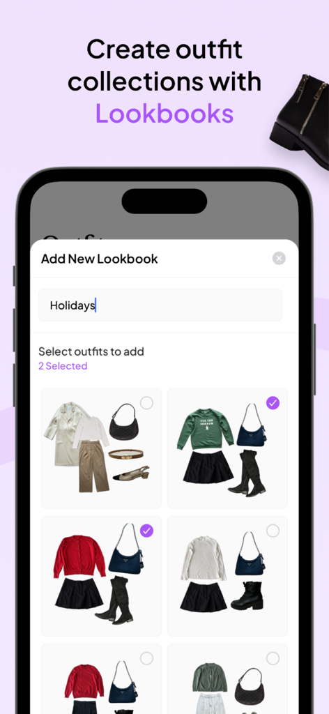 Clozzie - Your Digital Closet - Mobile screen of the Clozzie app showing a user creating a new outfit lookbook titled Holidays by selecting curated clothing combinations.