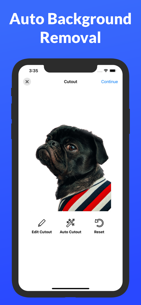 Sticker Maker: Make & Create - iPhone interface showing auto background removal of a pug for a custom sticker