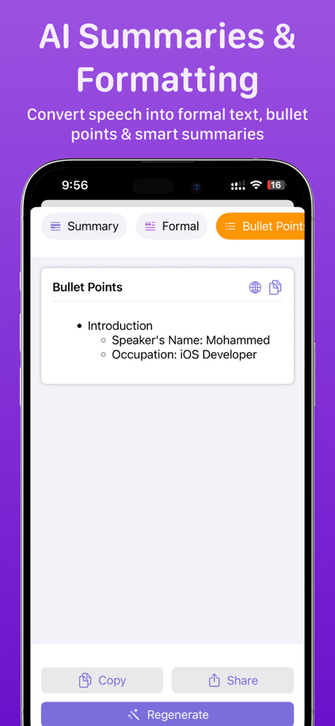 Interfaz de la aplicación móvil Speakly AI que muestra la conversión de voz a texto con opciones de resúmenes, texto formal y puntos clave