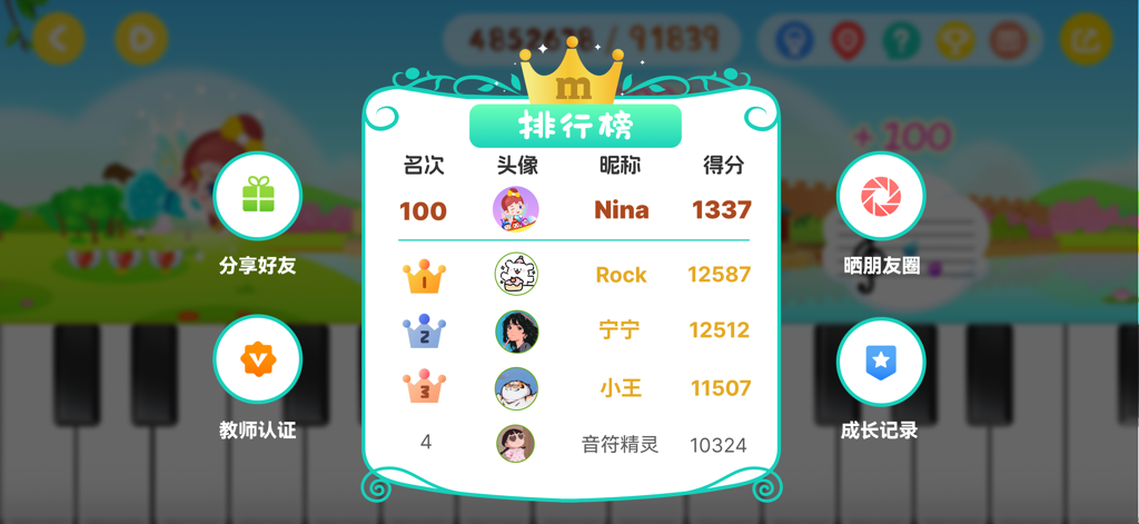 Global leaderboard in the Meidan Sight-reading app showing student rankings and scores for piano practice.