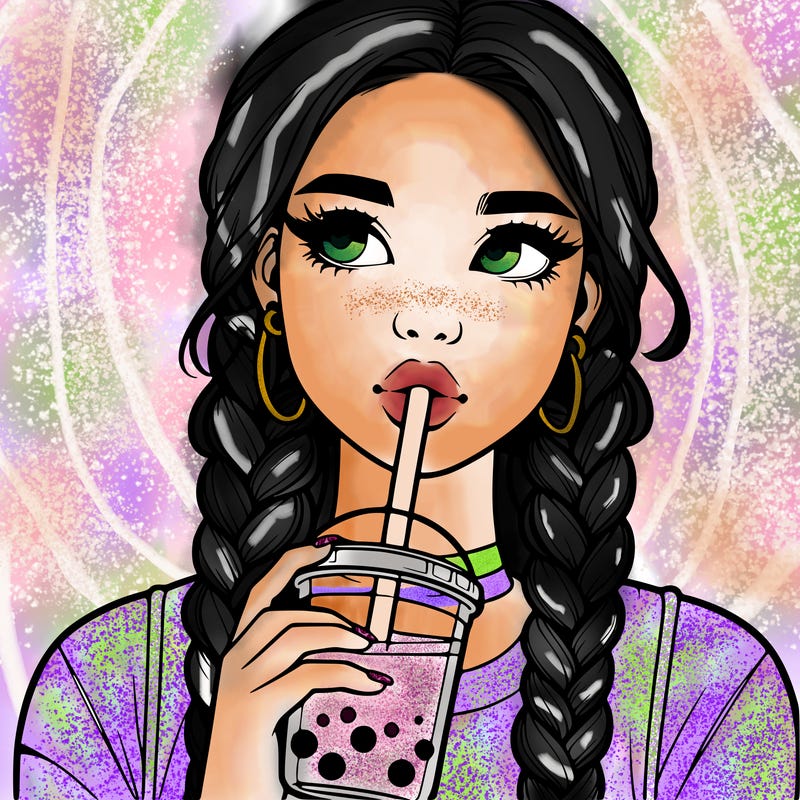 realistic girl with braided hair drinking boba