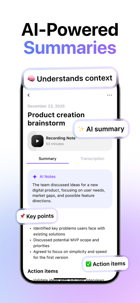 Notes AI app interface displaying an AI generated summary of a product brainstorm including key points and action items