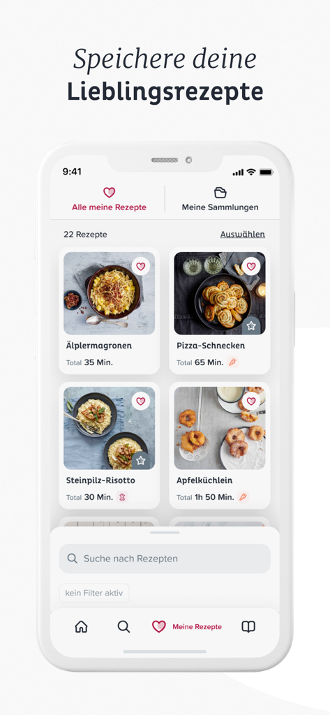 A mobile interface of the Betty Bossi app showing a grid of saved favorite recipes with photos and preparation times