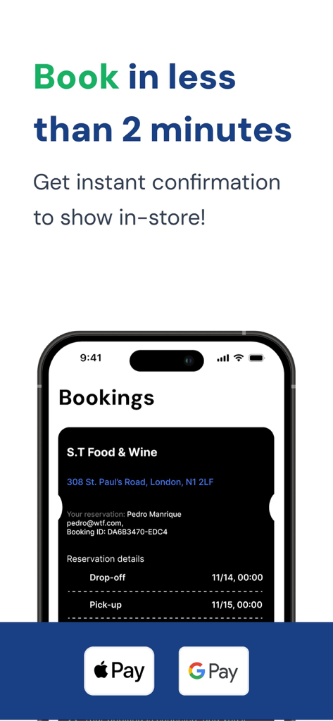 Stasher Luggage Storage - Apple Pay 및 Google Pay 로고와 함께 런던 매장에 대한 Stasher 수하물 보관 예약 확인을 보여주는 모바일 화면