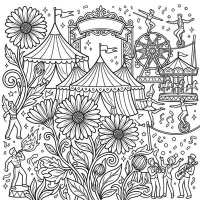 Immerse yourself in a whimsical fusion of nature and spectacle with this African Daisies Carnival coloring page. Discover a lively fairground filled with daring performers, classic rides, and beautiful floral accents awaiting your creative touch.