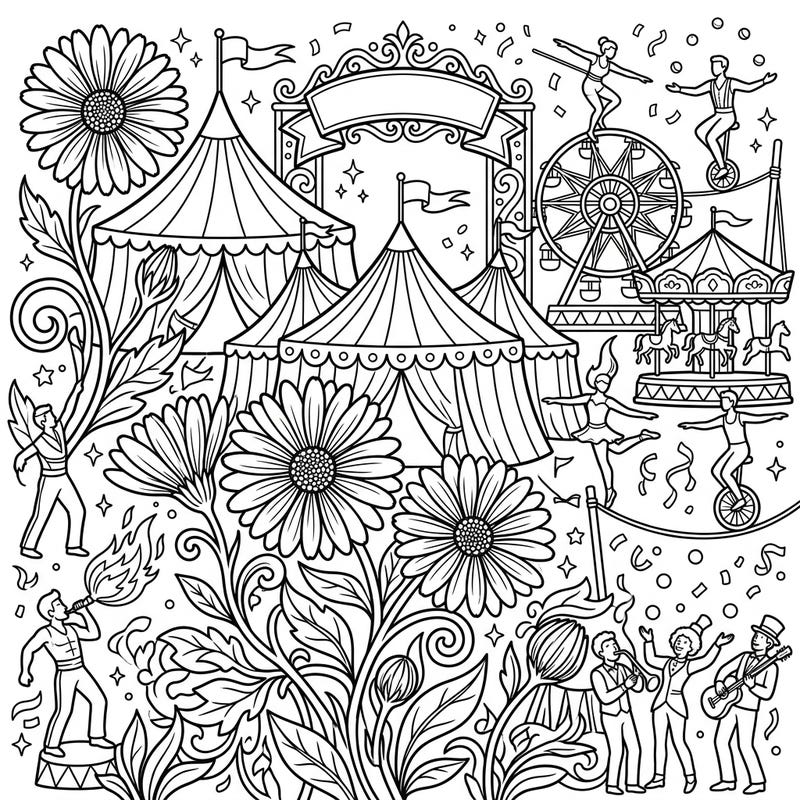 Immerse yourself in a whimsical fusion of nature and spectacle with this African Daisies Carnival coloring page. Discover a lively fairground filled with daring performers, classic rides, and beautiful floral accents awaiting your creative touch.