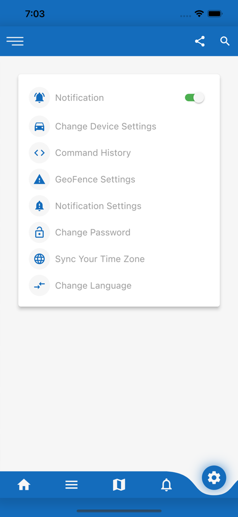 On Tracker - Interfaz de la aplicación On Tracker que muestra varias configuraciones, incluidas notificaciones, geovallas y gestión de dispositivos.